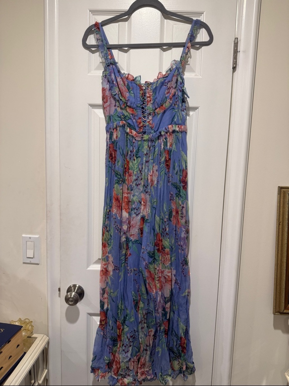 Silk Zimmerman Floral Blue Maxi jumpsuit Dress with Ruffle Trim